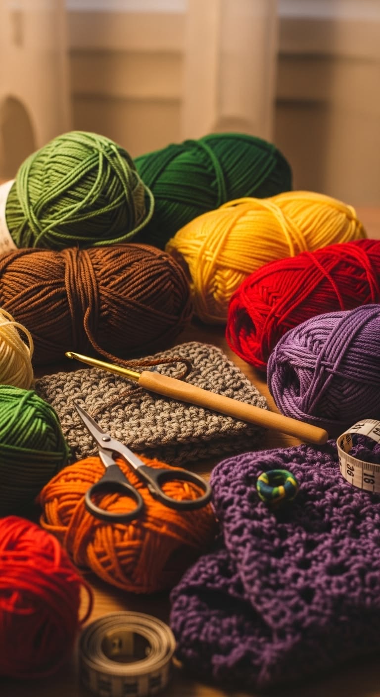 Colourful yarn, a crochet hook and handmade crochet pieces