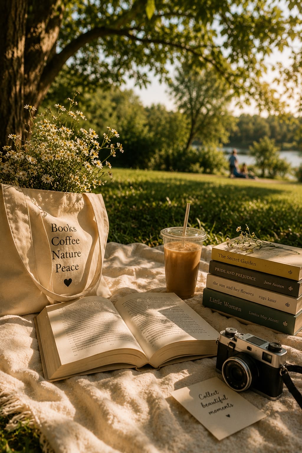 Books, coffee and a camera arranged on a picnic blanket in nature