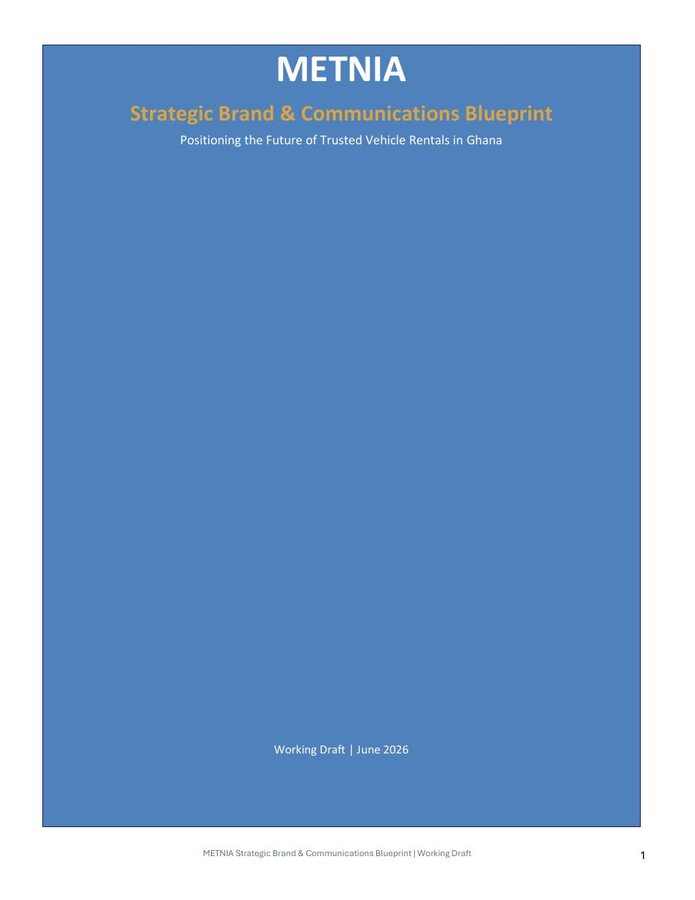 Cover of Sharon's METNIA strategic brand and communications blueprint